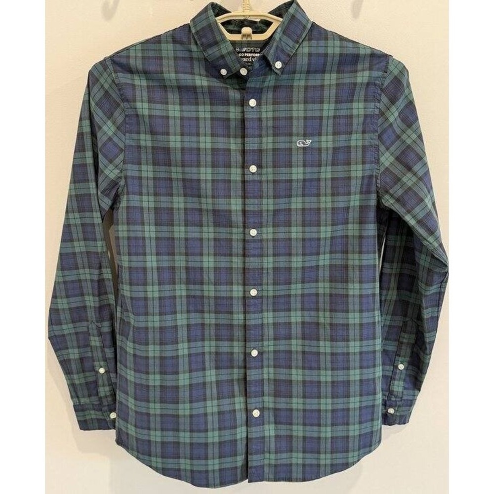 Vineyard Vines Boys OTG Performance Green Navy Plaid Button Front Shirt L 16